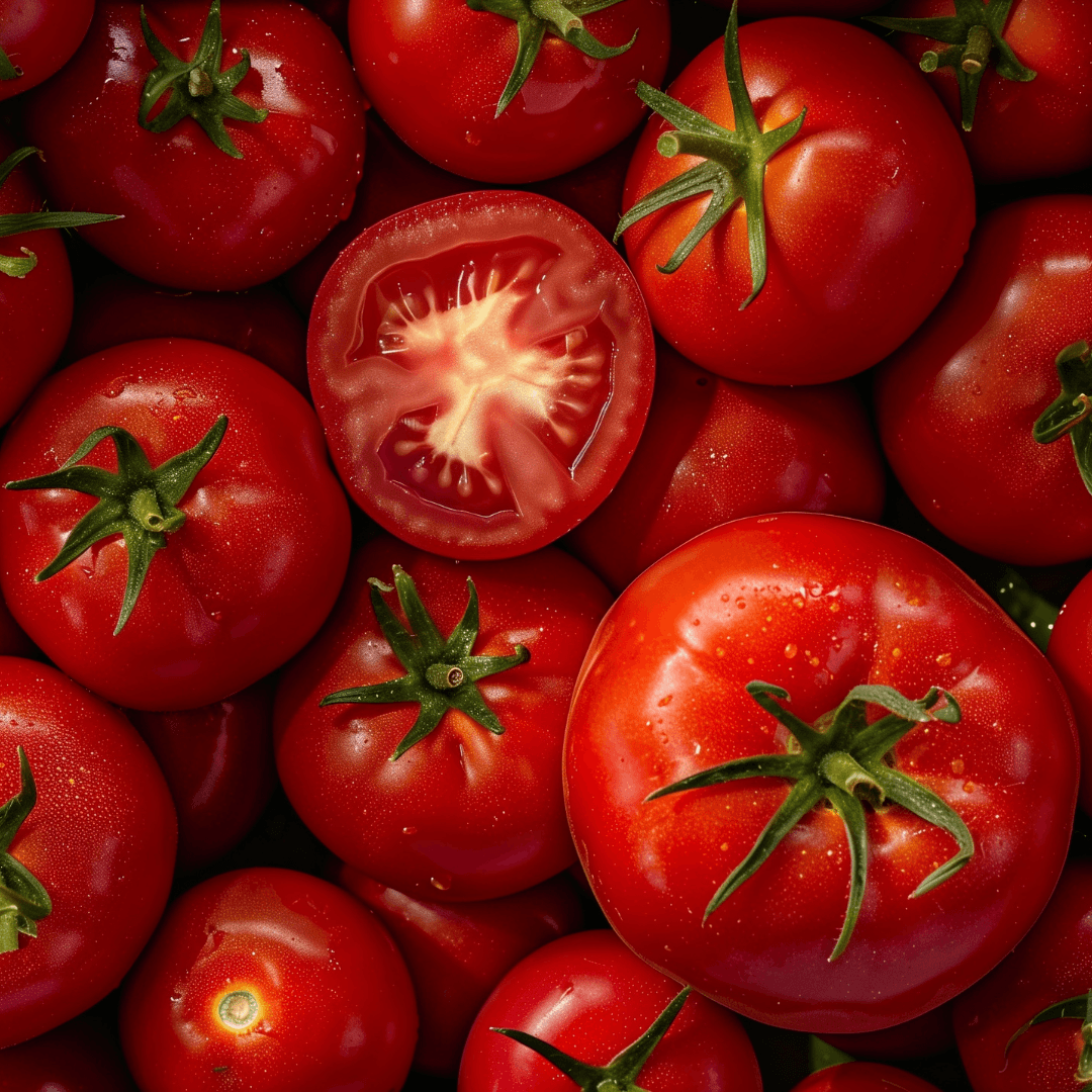Overhead view of ripe red tomatoes with green stems, one cut in half to show interior seeds and flesh, arranged closely together.