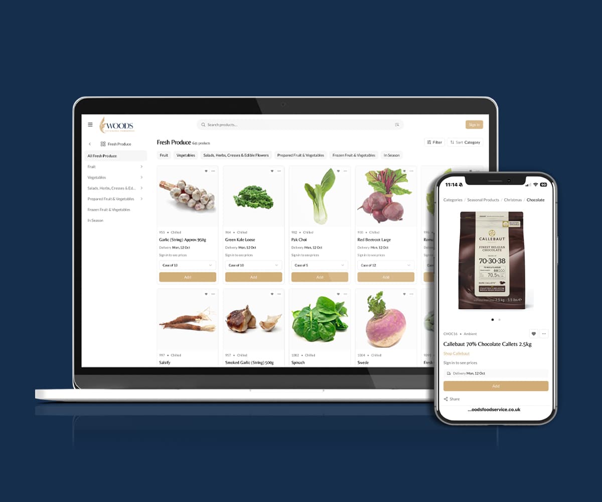 Screenshot of Woods Foodservice ordering system displayed on laptop and smartphone, showing fresh produce categories including fruits and vegetables with product listings and pricing.