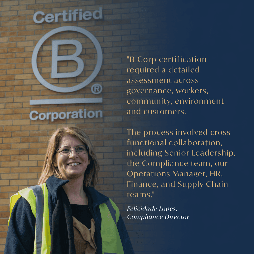 A woman wearing glasses and a high-visibility jacket stands in front of a brick wall with a Certified B Corporation logo. Text describes the B Corp certification process and quotes Felicidade Lopes, Compliance Director.