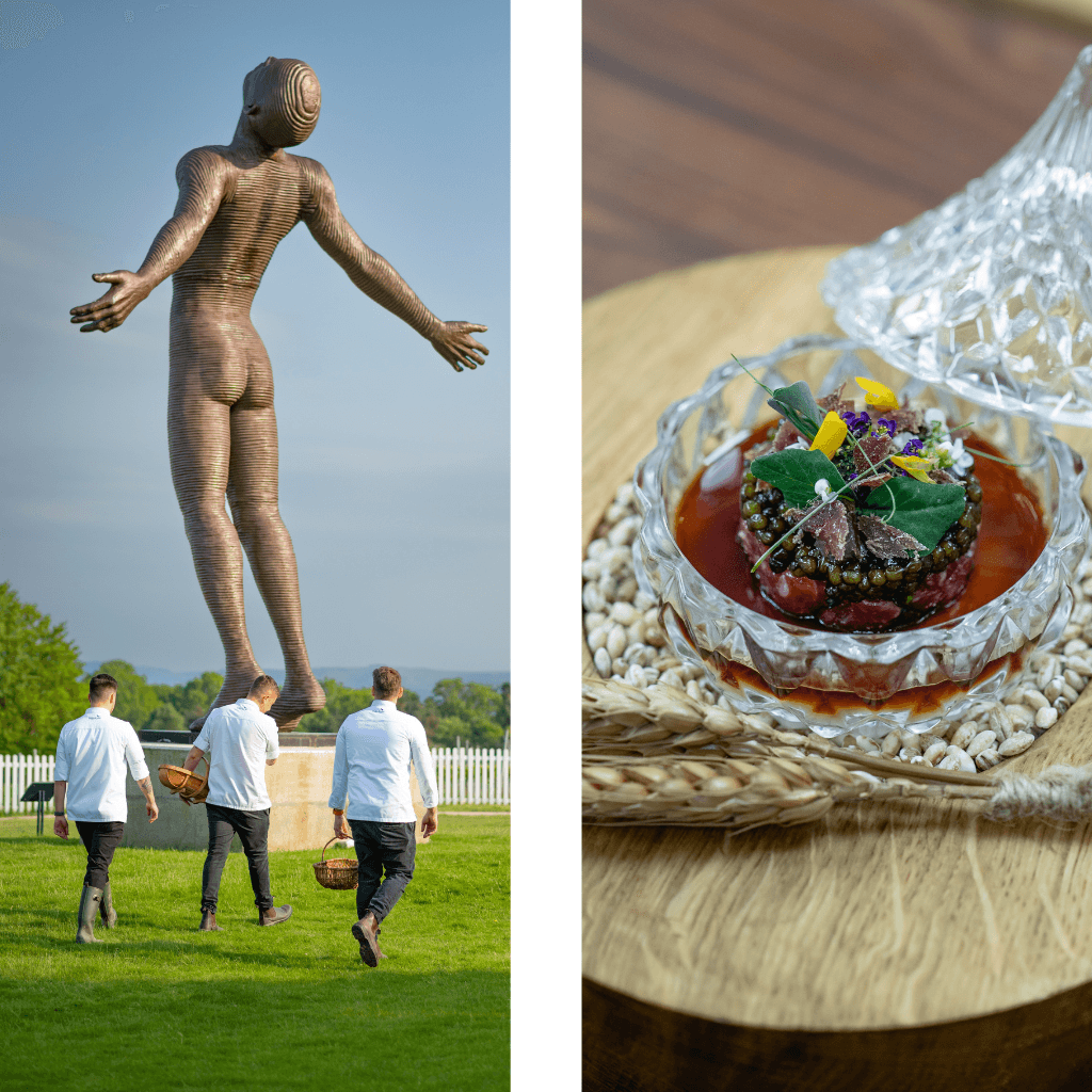 Split image showing a large bronze statue of a figure with outstretched arms in a park setting with visitors, and a close-up of an elegantly plated gourmet dish in a shell bowl with edible flowers and microgreens.