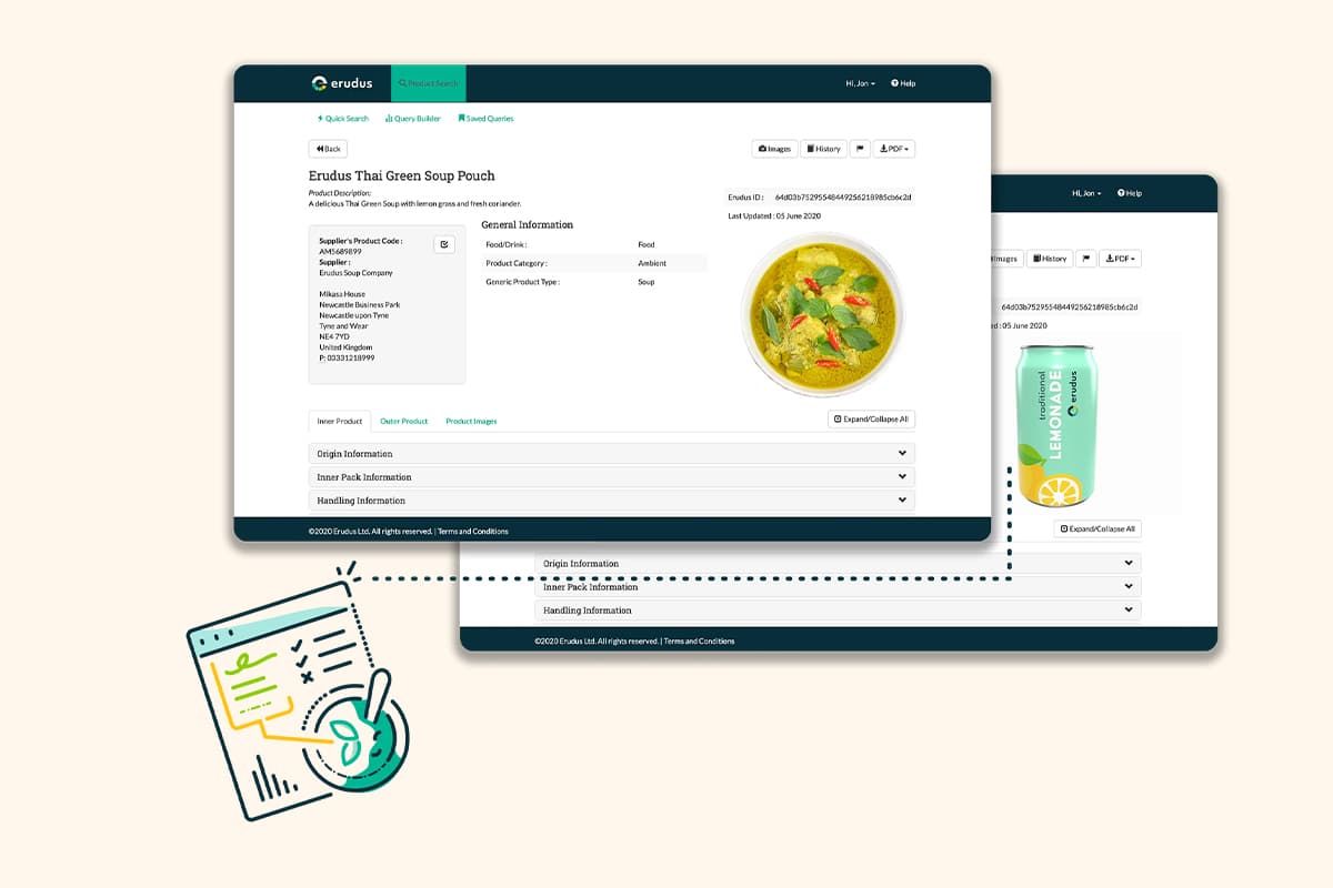 Screenshot of Erudus e-commerce platform displaying Thai Green Soup Pouch product information page with supplier details, product images, and expandable information sections.