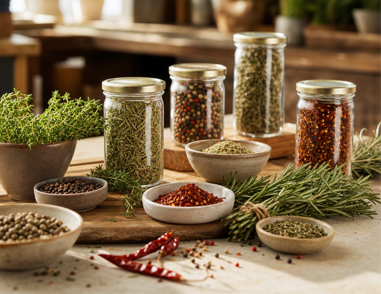 A styled kitchen scene displaying an assortment of fresh herbs in pots, dried spices in glass jars with metal lids, and ground spices in concrete bowls arranged on a wooden surface, including rosemary, thyme, peppercorns, red chilli peppers, and various dried herbs.