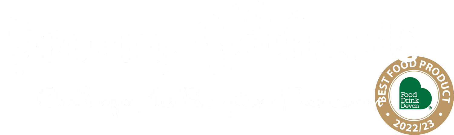 Granny Gotthards logo with crown icon and tagline 'Challenging the Perception of Ice cream', featuring Food Drink Devon Best Food Product 2022/23 badge