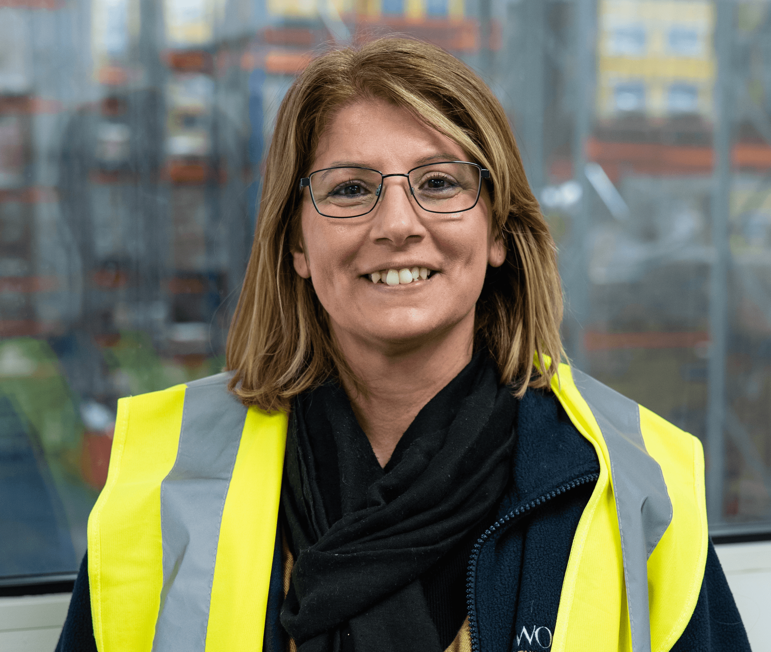 Portrait of a smiling woman wearing glasses and a bright yellow and grey high-visibility safety vest over dark clothing, photographed against an urban industrial background.