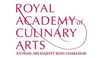 Logo for the Royal Academy of Culinary Arts, featuring burgundy text and a decorative curved line, with text indicating patronage by His Majesty King Charles III.