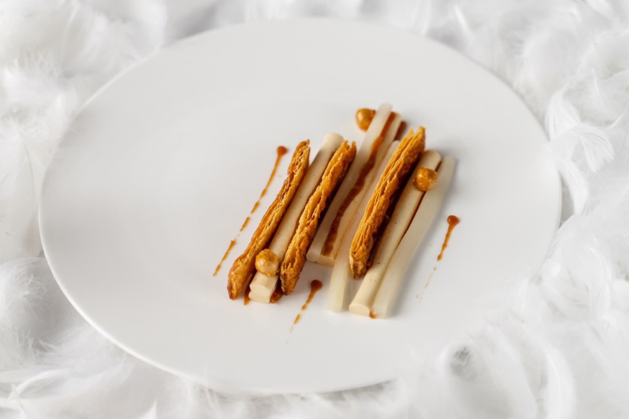 Vanilla Poached Salsify & Hazelnut Praline Mille Feuille