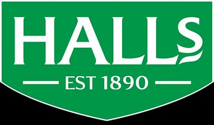 Halls brand logo featuring white text on a green shield-shaped background with 'EST 1890' text, grey footer section below.