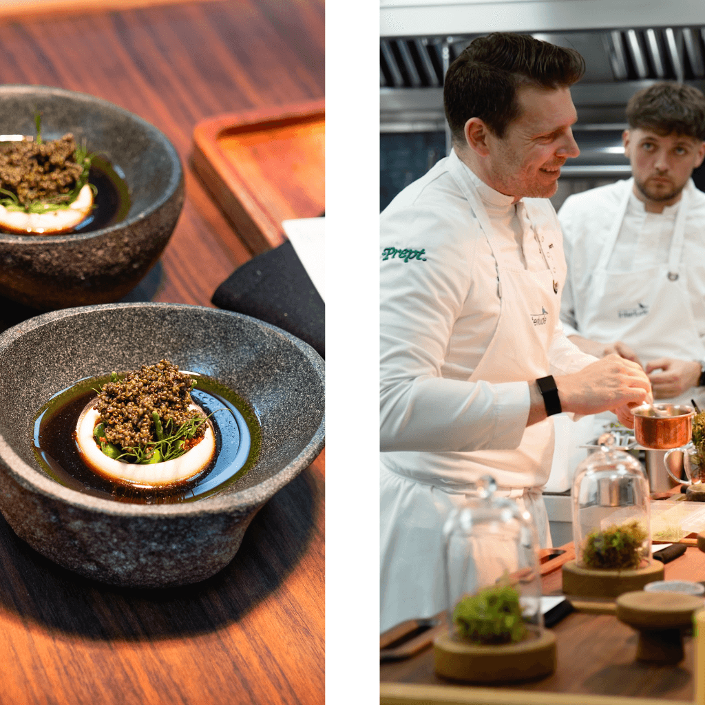 Split image showing an elegantly plated dish in a grey stone bowl with microgreens and sauce on the left, and a chef in white chef's coat speaking in a professional kitchen on the right.