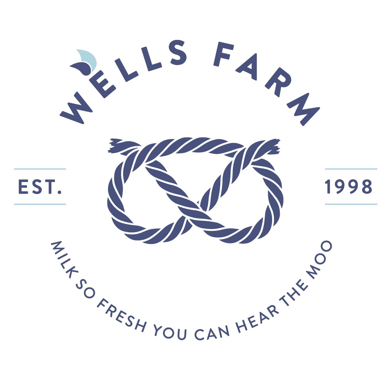 Wells Farm circular logo featuring a twisted rope design, established 1998, with tagline 'Milk So Fresh You Can Hear The Moo'